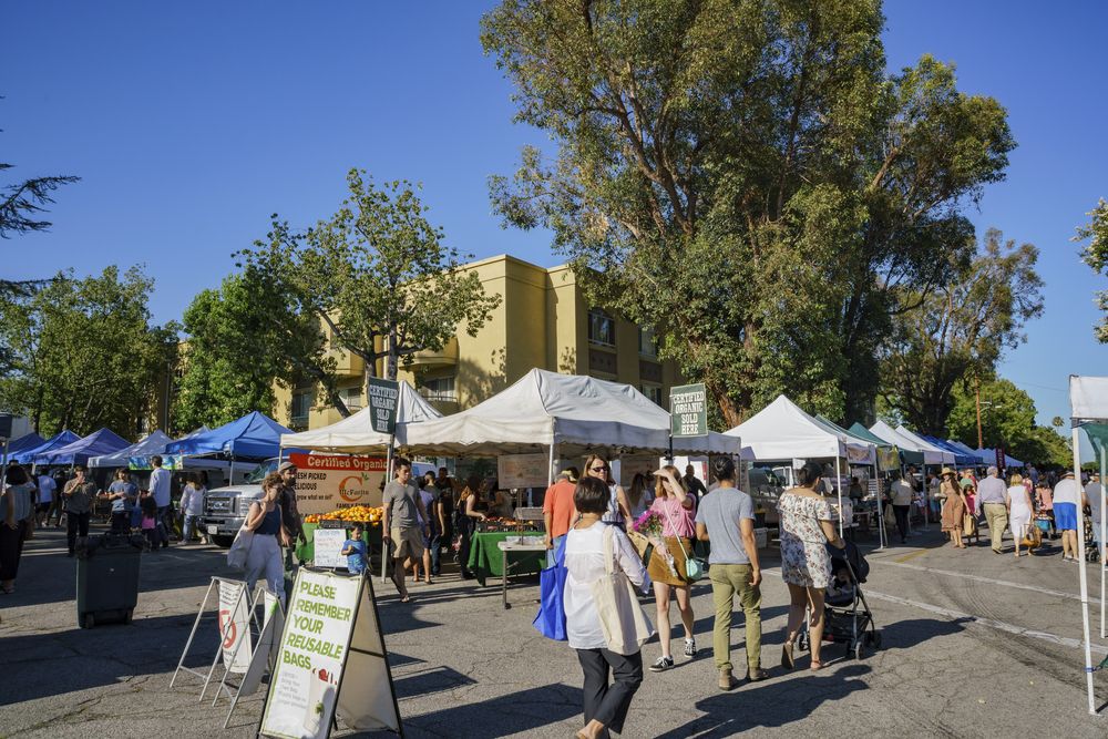 Vendors and shoppers at South Pasadena Farmer's Market