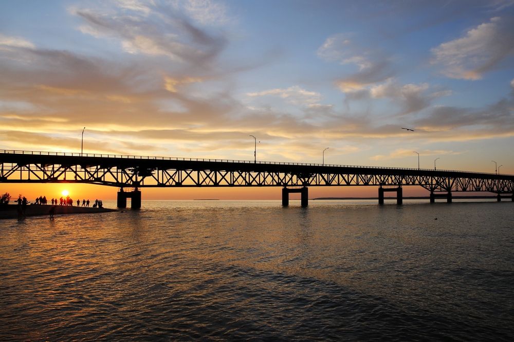 Silhouette of the Mackinac Bridge during sunset