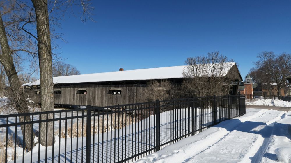Side view of the Historic Shelburne Museum Covered Bridge