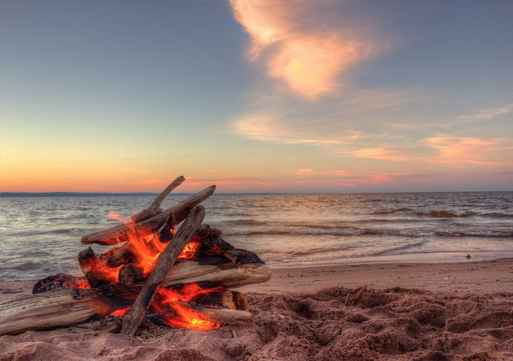 Bonfire on Lake Superior shore