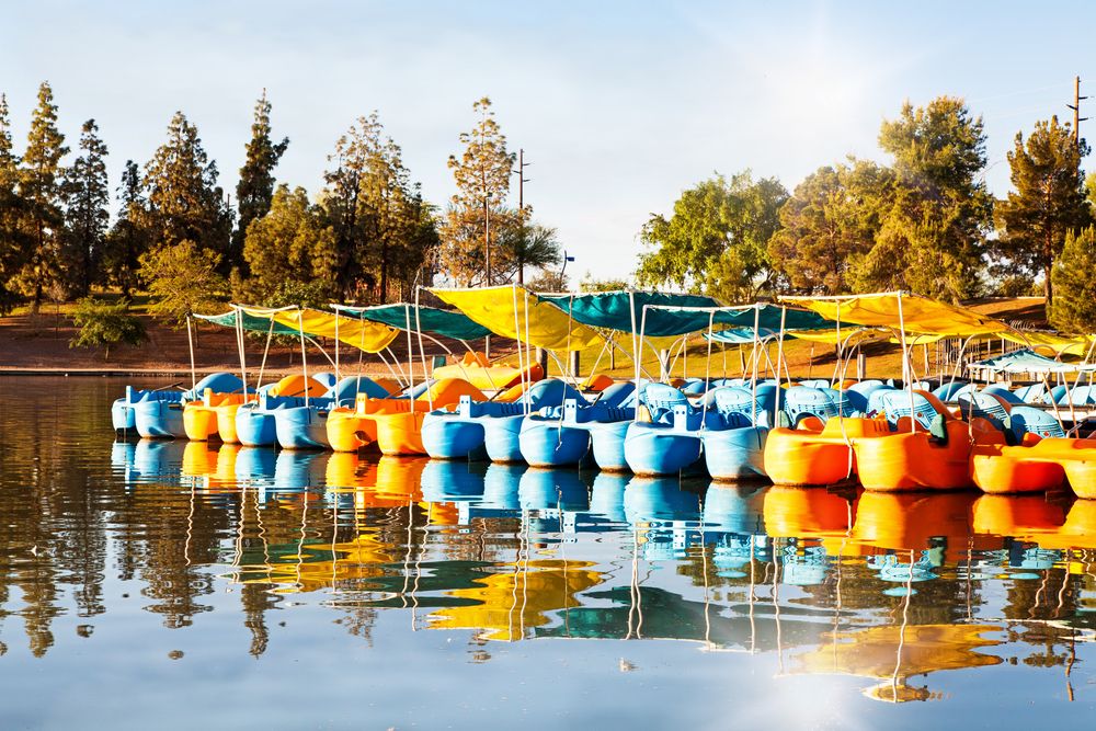 Colorful pedal boats on Kiwanis Park's lake