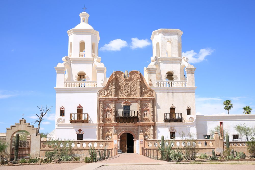 Front view of the Historic San Xavier del Bac Mission's exterior