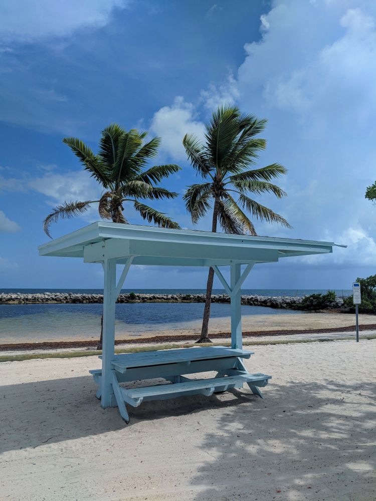 A picnic shed on Harry Harris Park's shore