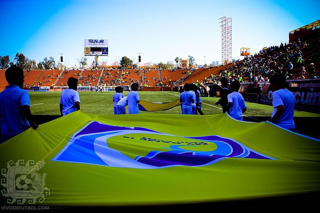 A sports team with their flag at Estadio Caliente