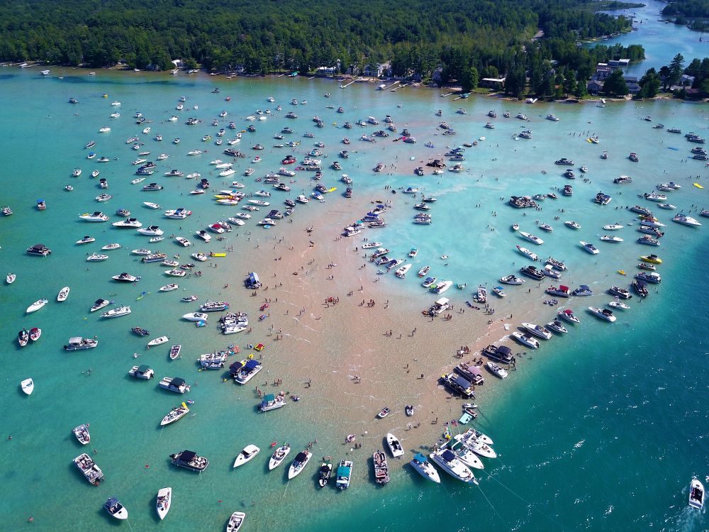 Aerial view of Torch Lake Sandbar