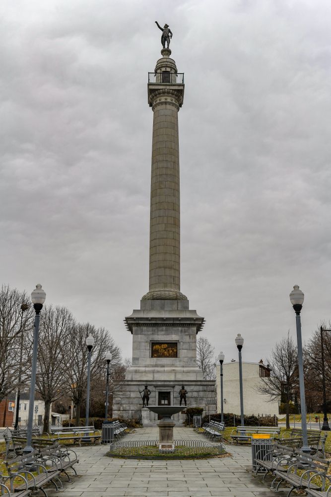 Daytime view of the tall Trenton Battle Monument