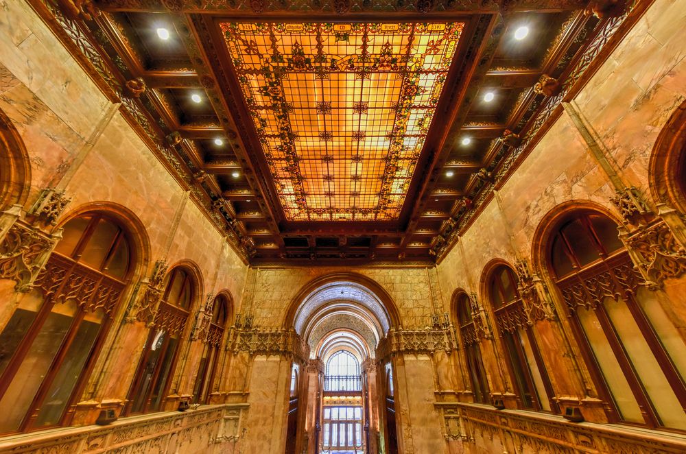 Grand interior of The Woolworth Building.
