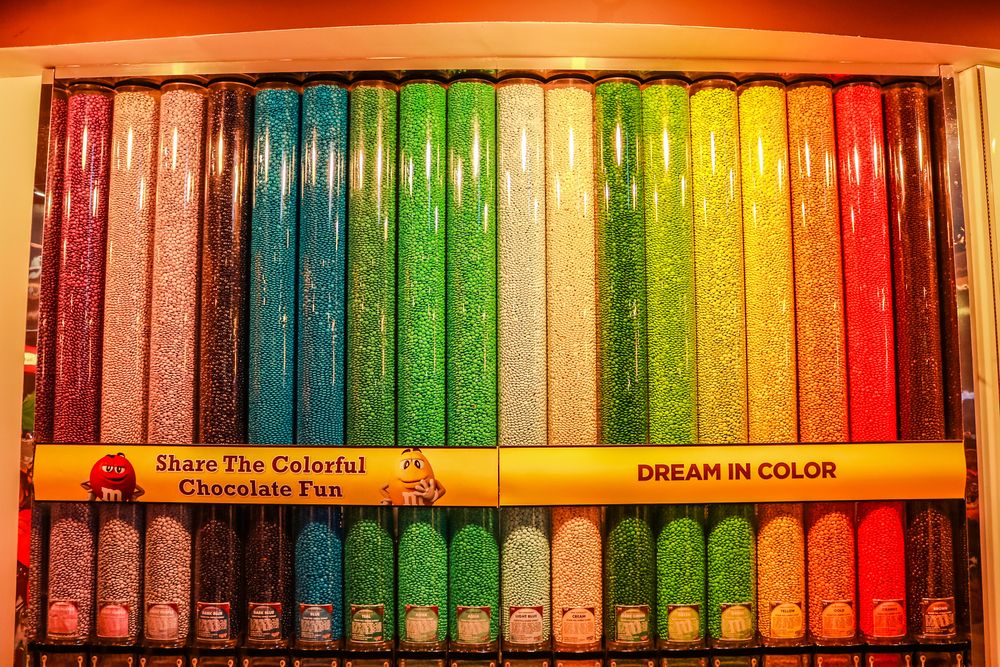Colorful M&M dispenser in M&M’s World New York