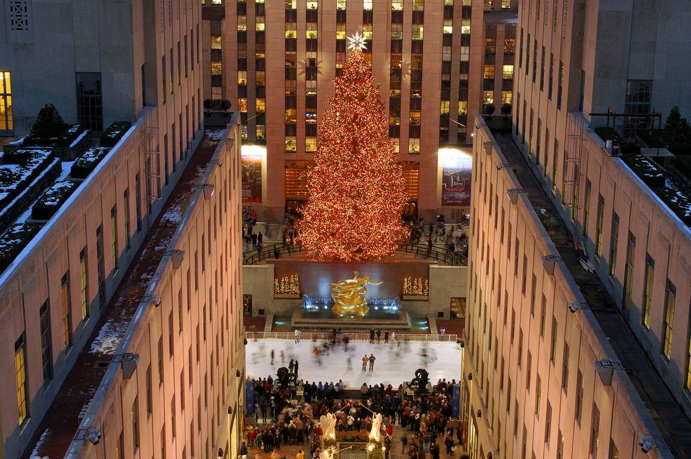 Aerial view of Rockefeller Center's rink