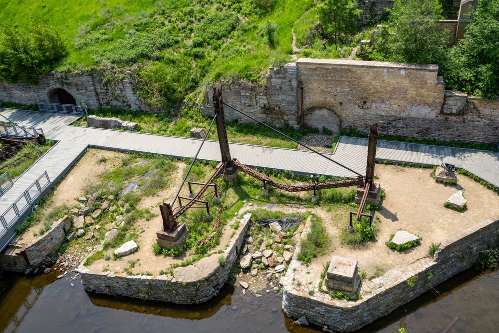 Aerial view of the flour milling industry ruins at Mill Ruins Park