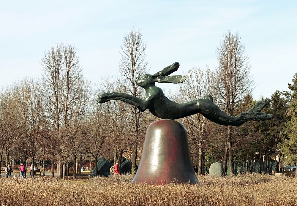 Hare on a bell sculpture at Minneapolis Sculpture Garden