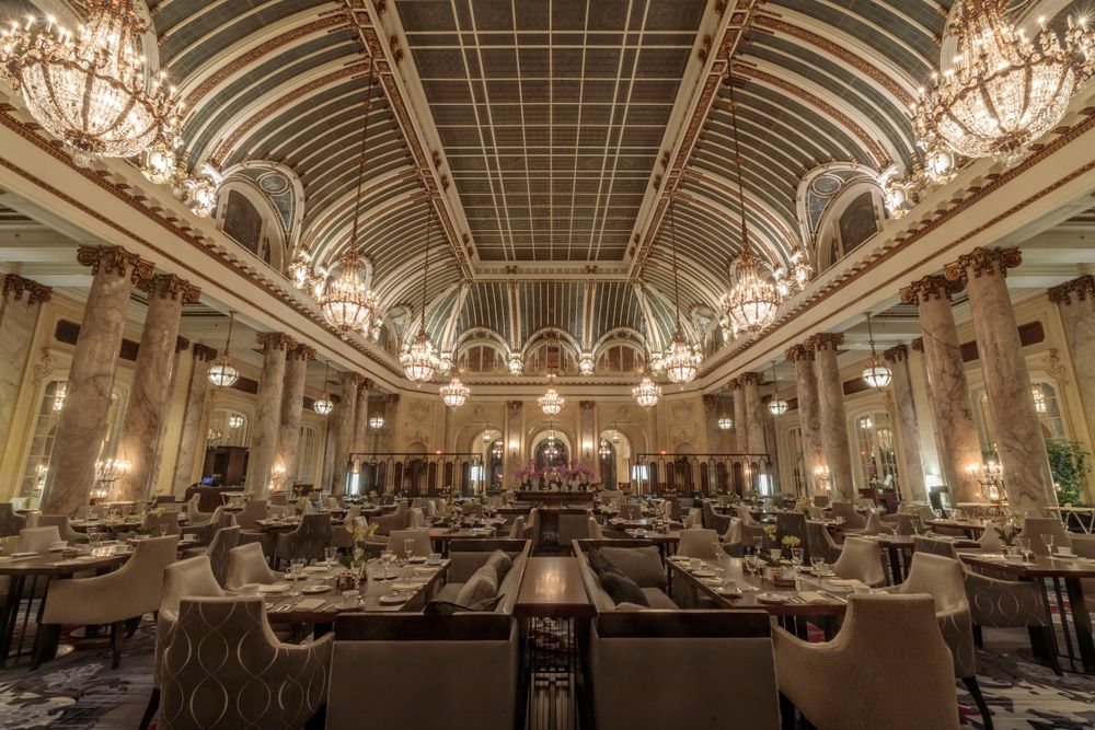 Chandeliers inside the Garden Court Restaurant