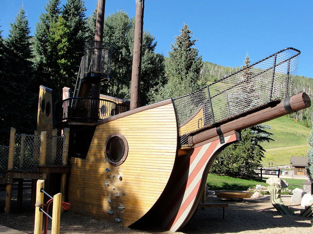 Wooden ship on the grounds of Pirate Ship Playground