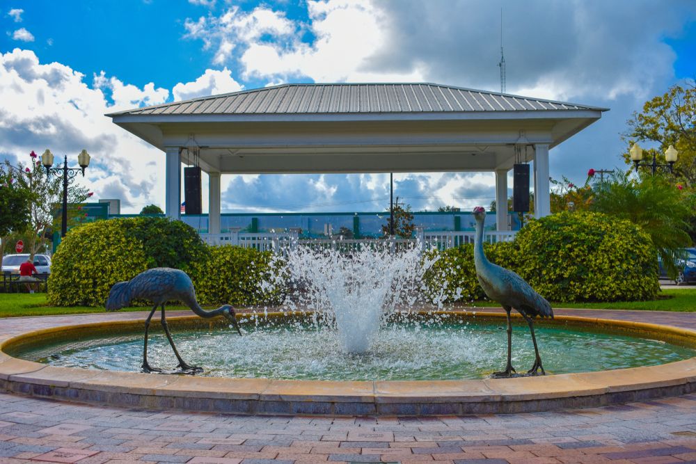 Flamingo water fountain at Main Street Heritage Park