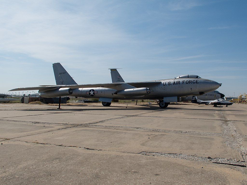 A stratojet displayed on the grounds of Kansas Aviation Museum
