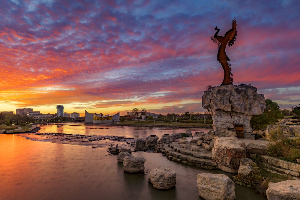 Gorgeous sunset over Keeper of the Plains Plaza