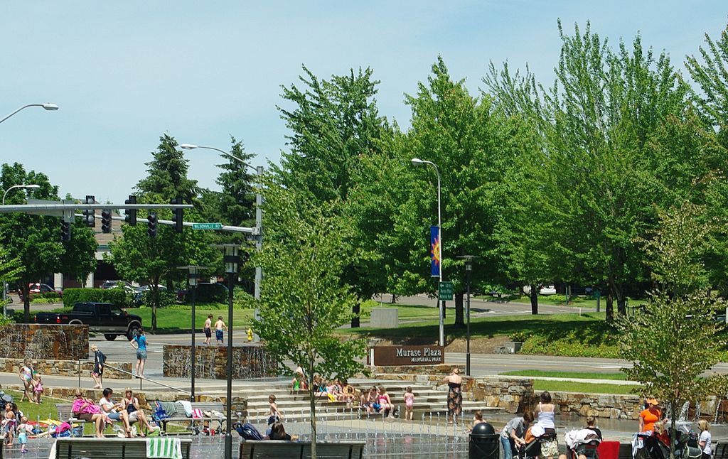 People at Memorial Park's Murase Plaza