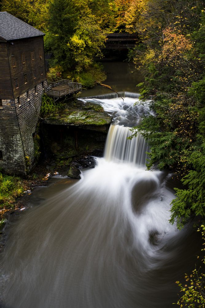 Aerial view of Lanterman's Mill waterfall