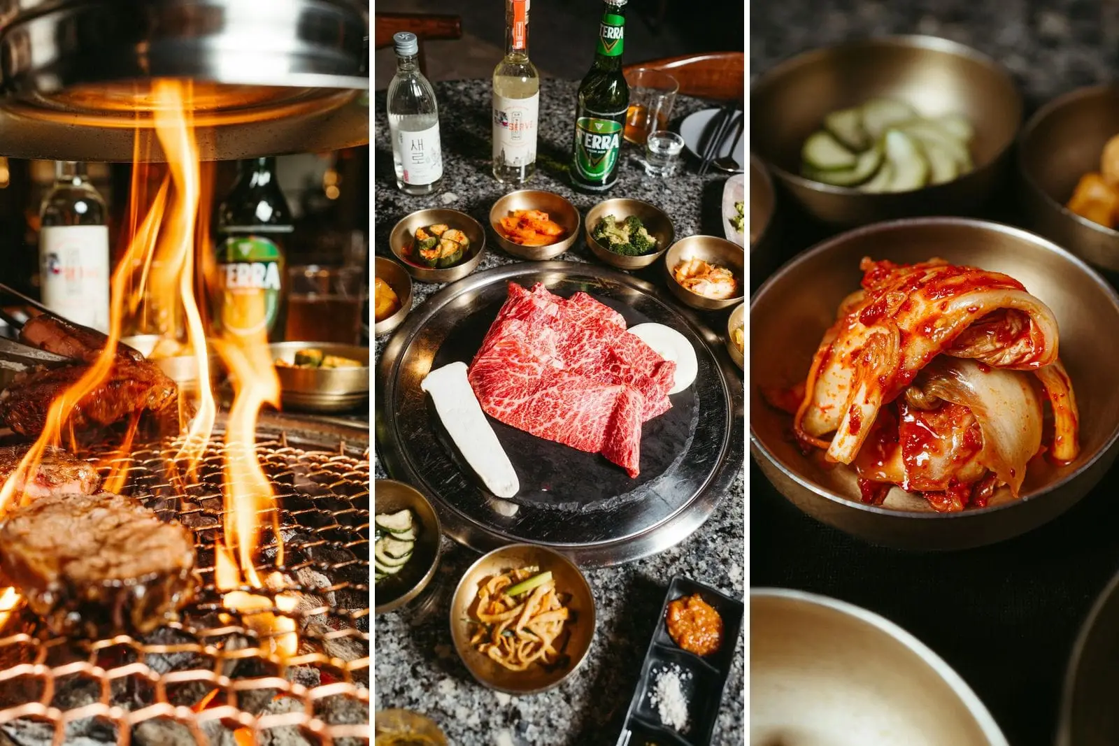 Korean barbecue spread with beef on a charcoal grill, marbled beef with banchan, and kimchi