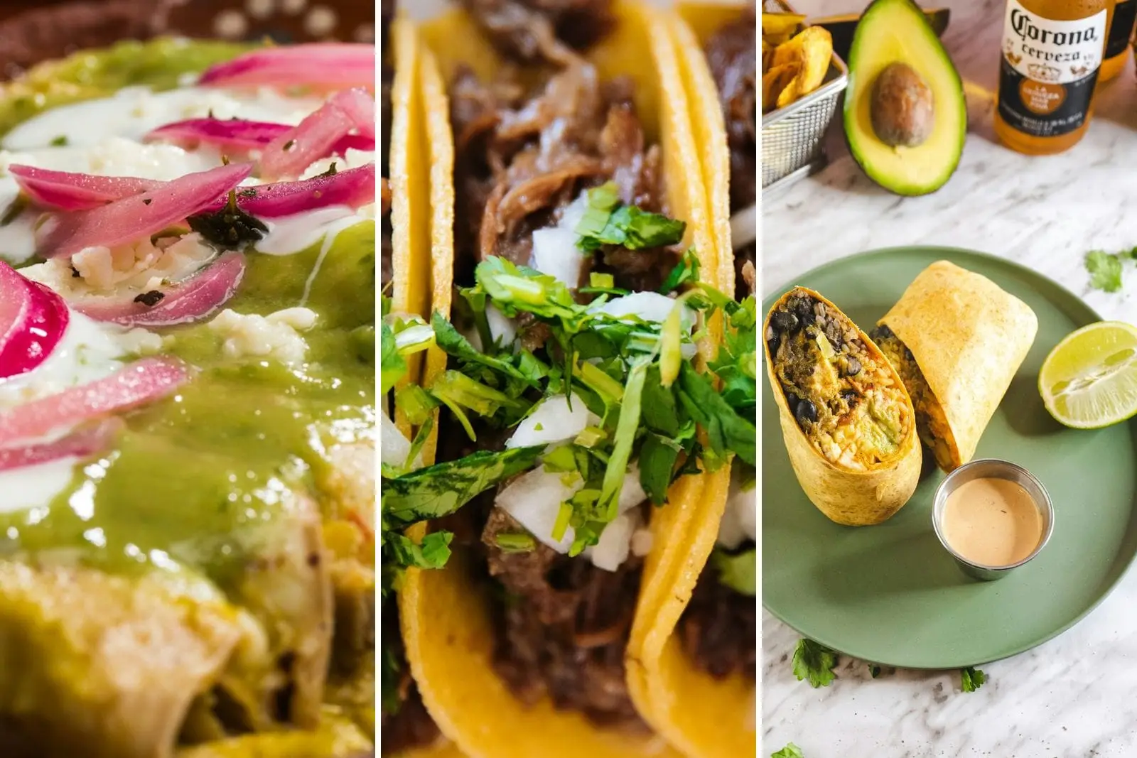Green chile enchiladas, beef tacos with cilantro and a burrito with lime