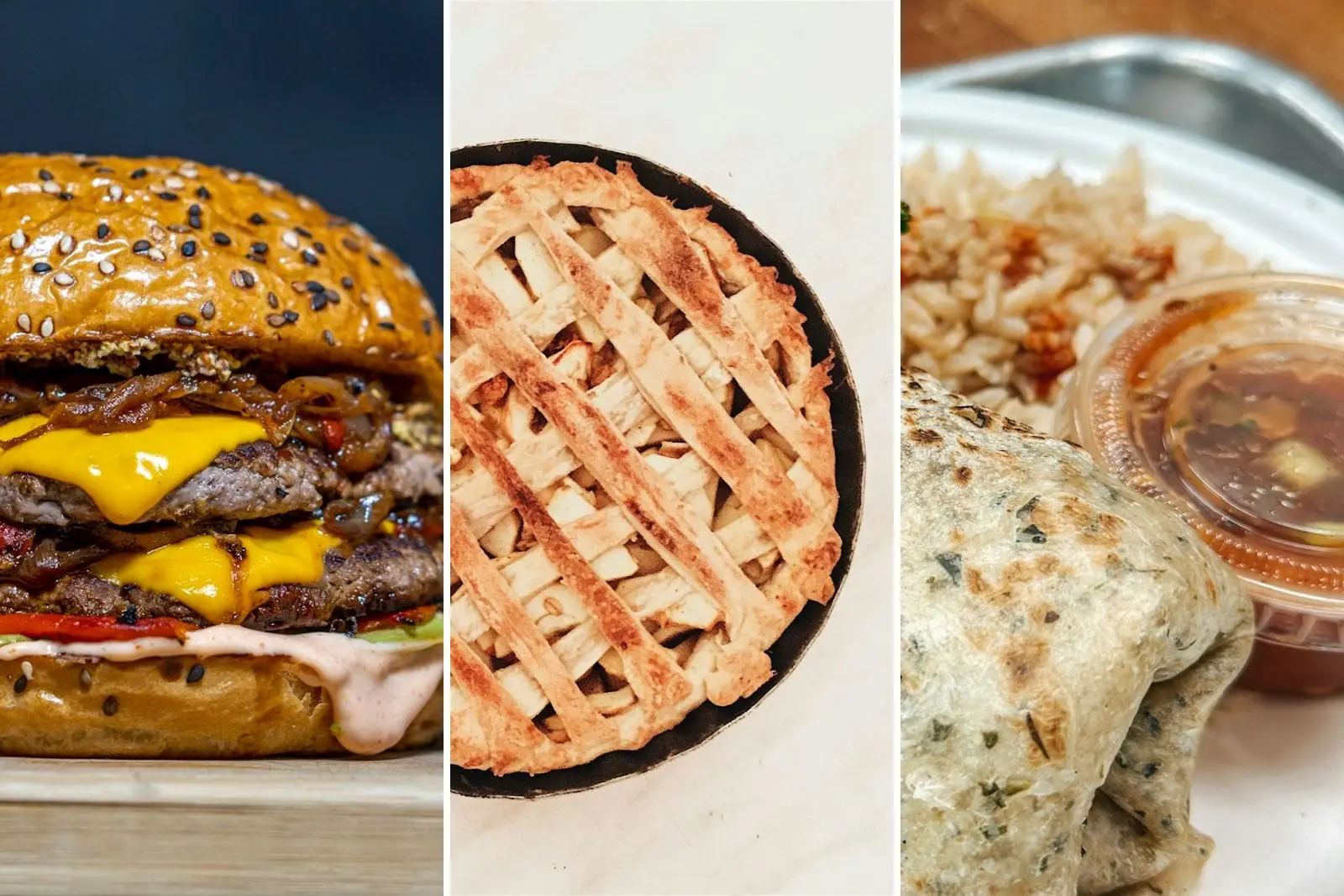 A cheeseburger, pie and a burrito plate