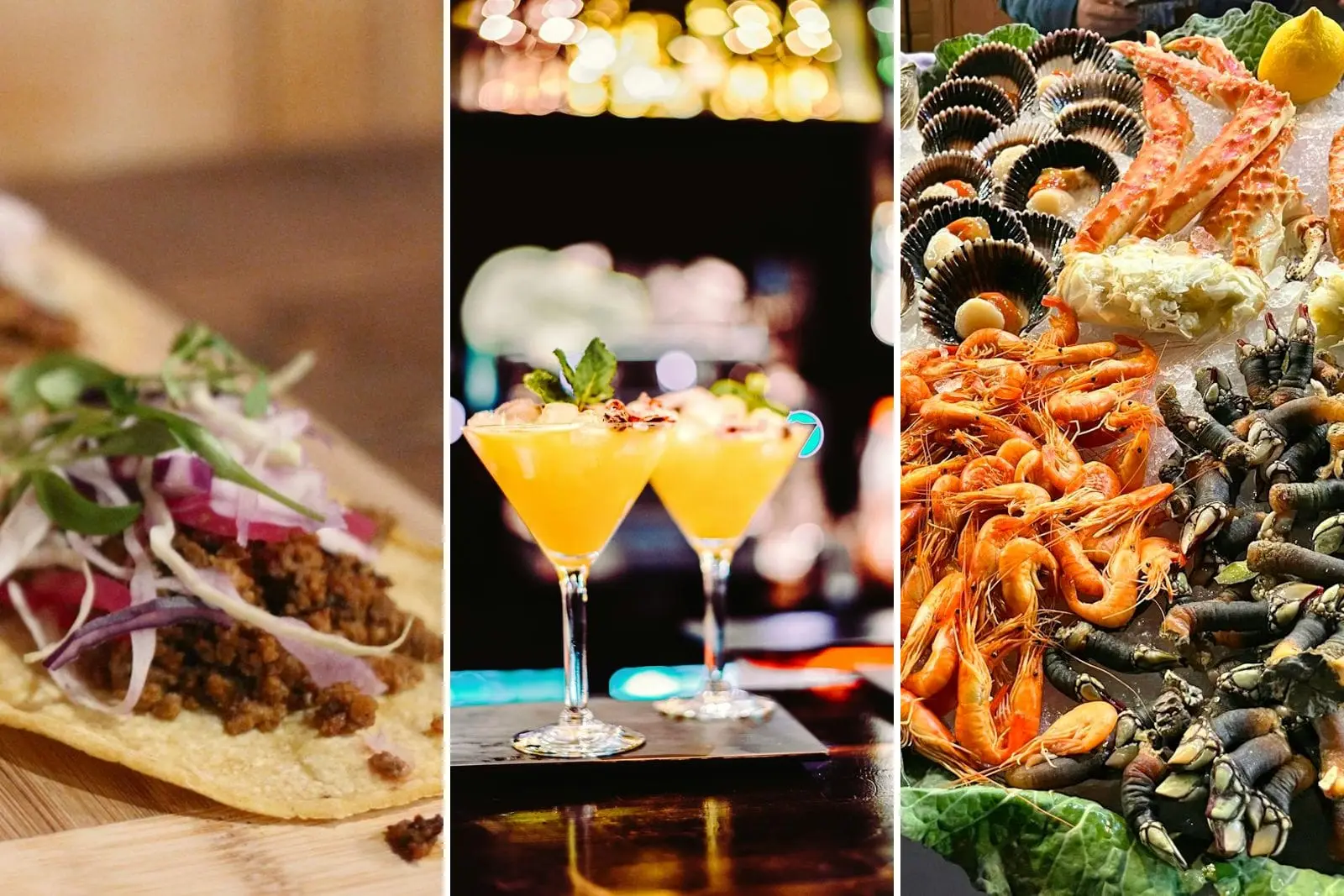 Fish tacos, a cocktail and a seafood spread