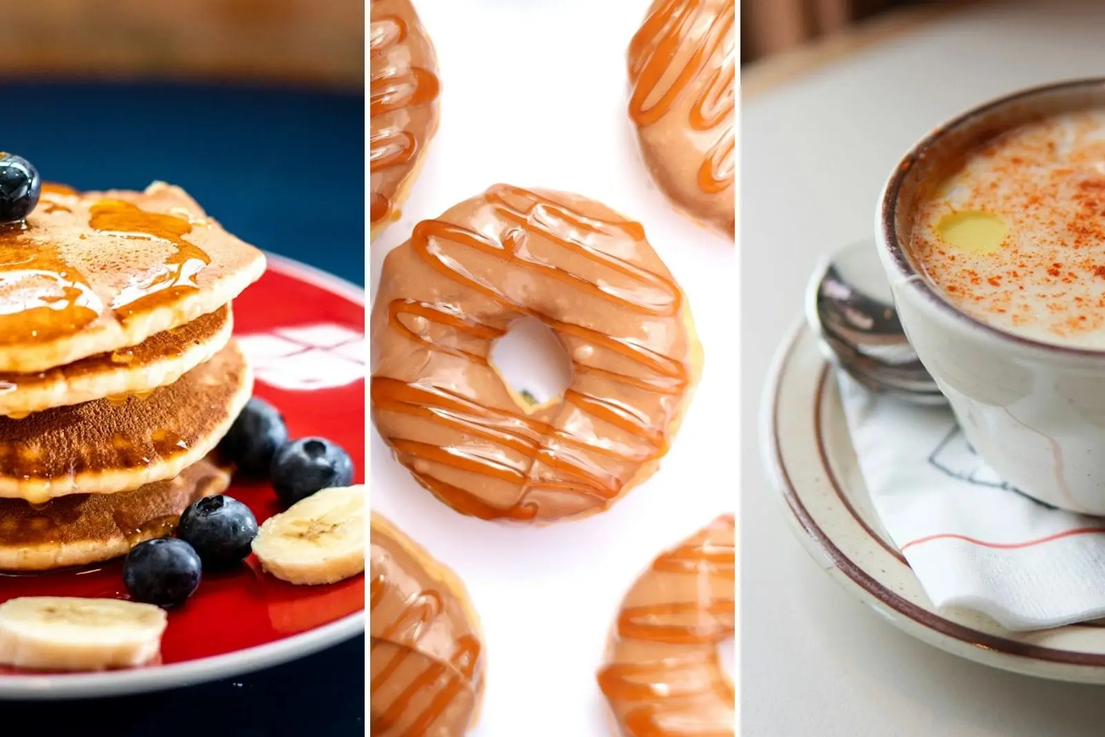 Blueberry pancakes, glazed donuts and creamy soup