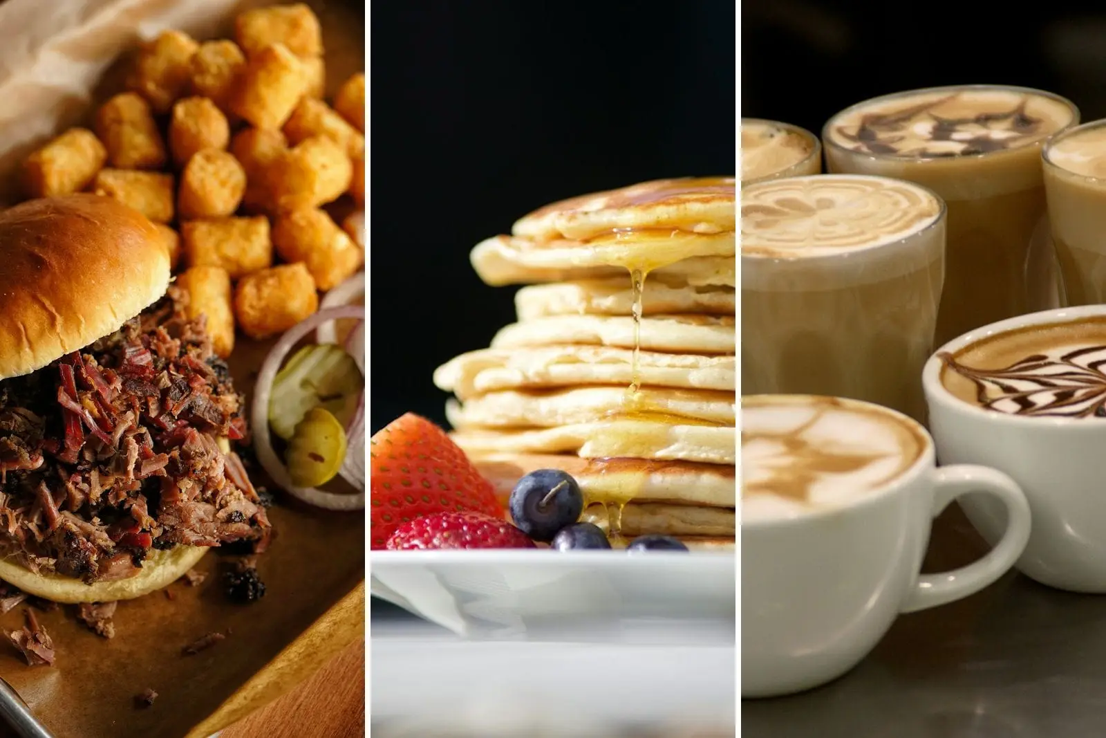 A pulled pork sandwich, pancakes and latte art