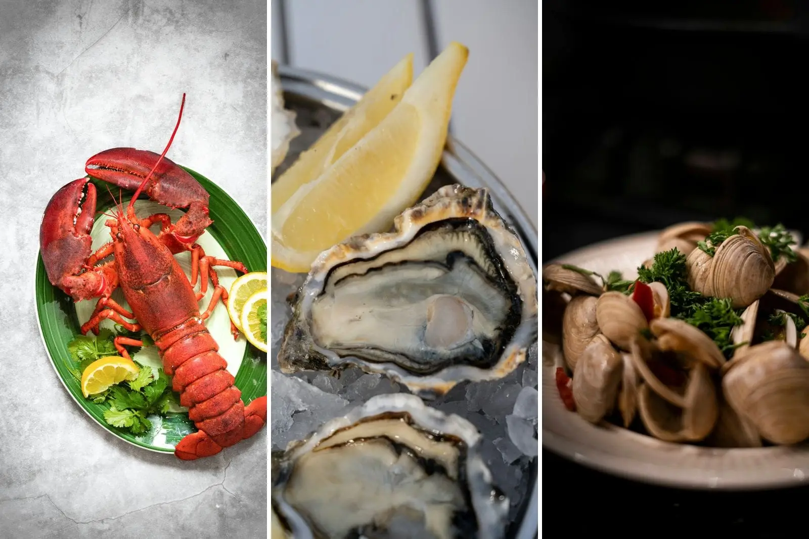 A whole lobster with lemon, oysters on ice and a plate of steamed clams