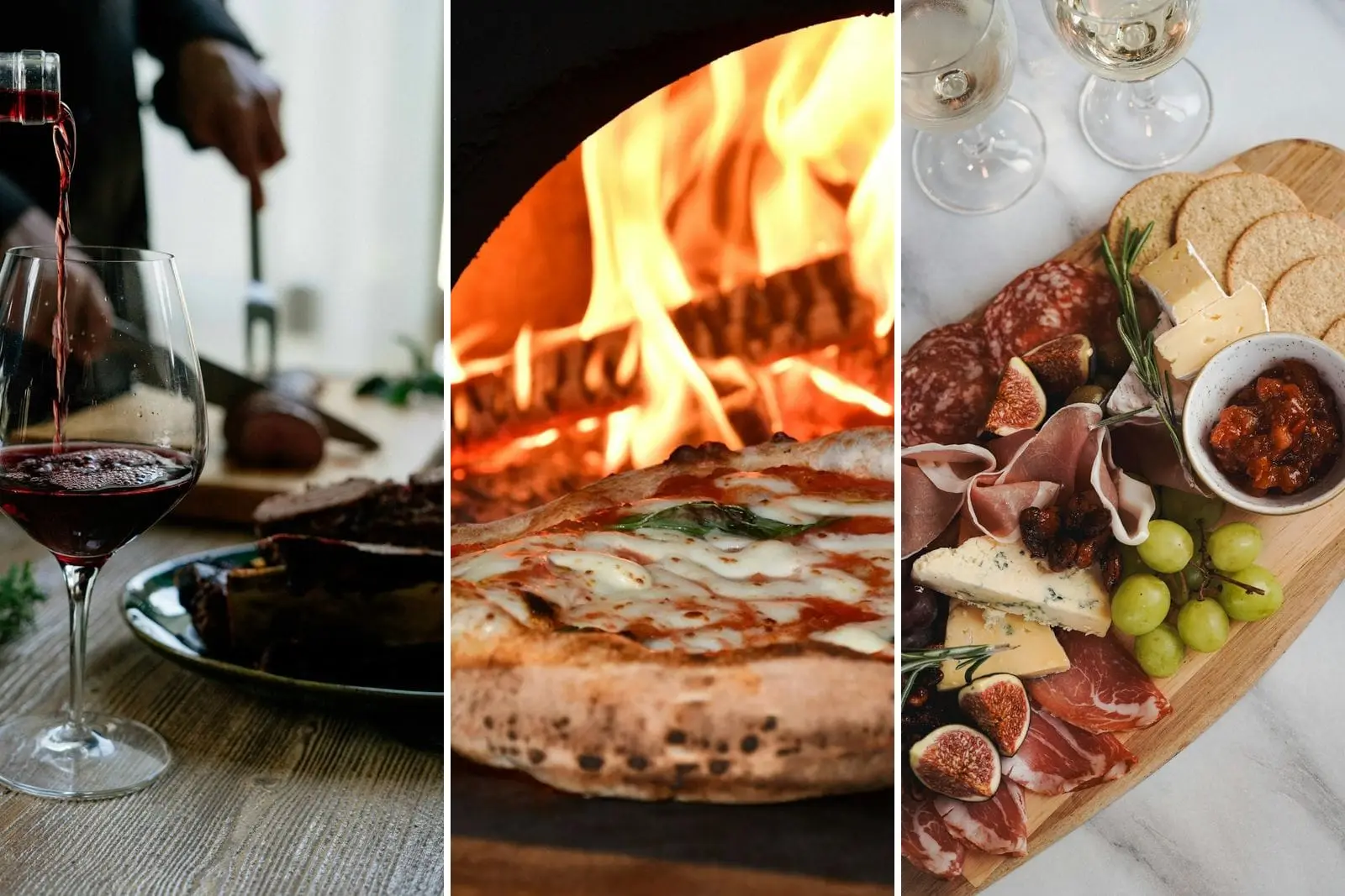 A glass of red wine, a wood-fired pizza and a charcuterie board
