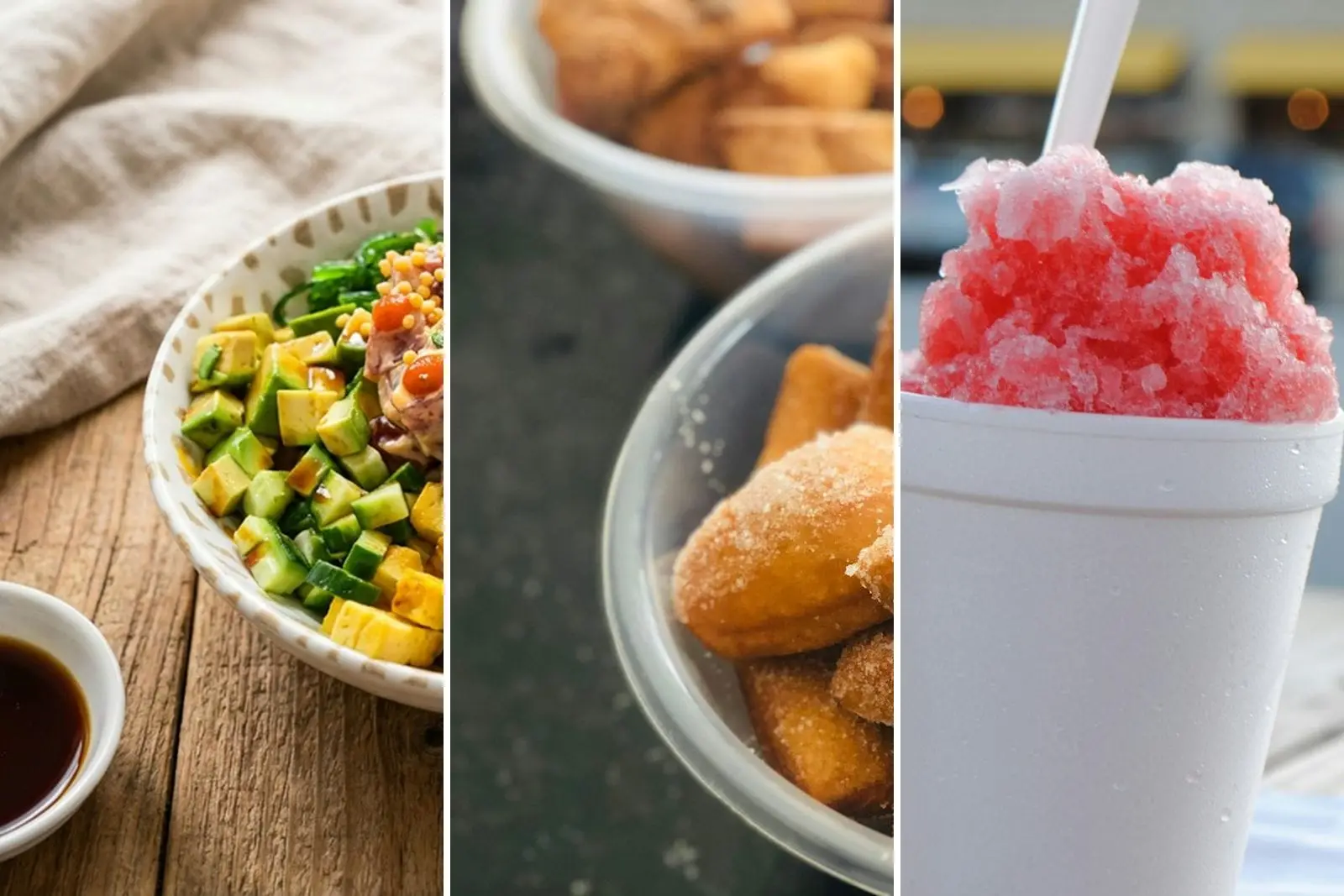 A poke bowl, fried snacks and ice cream
