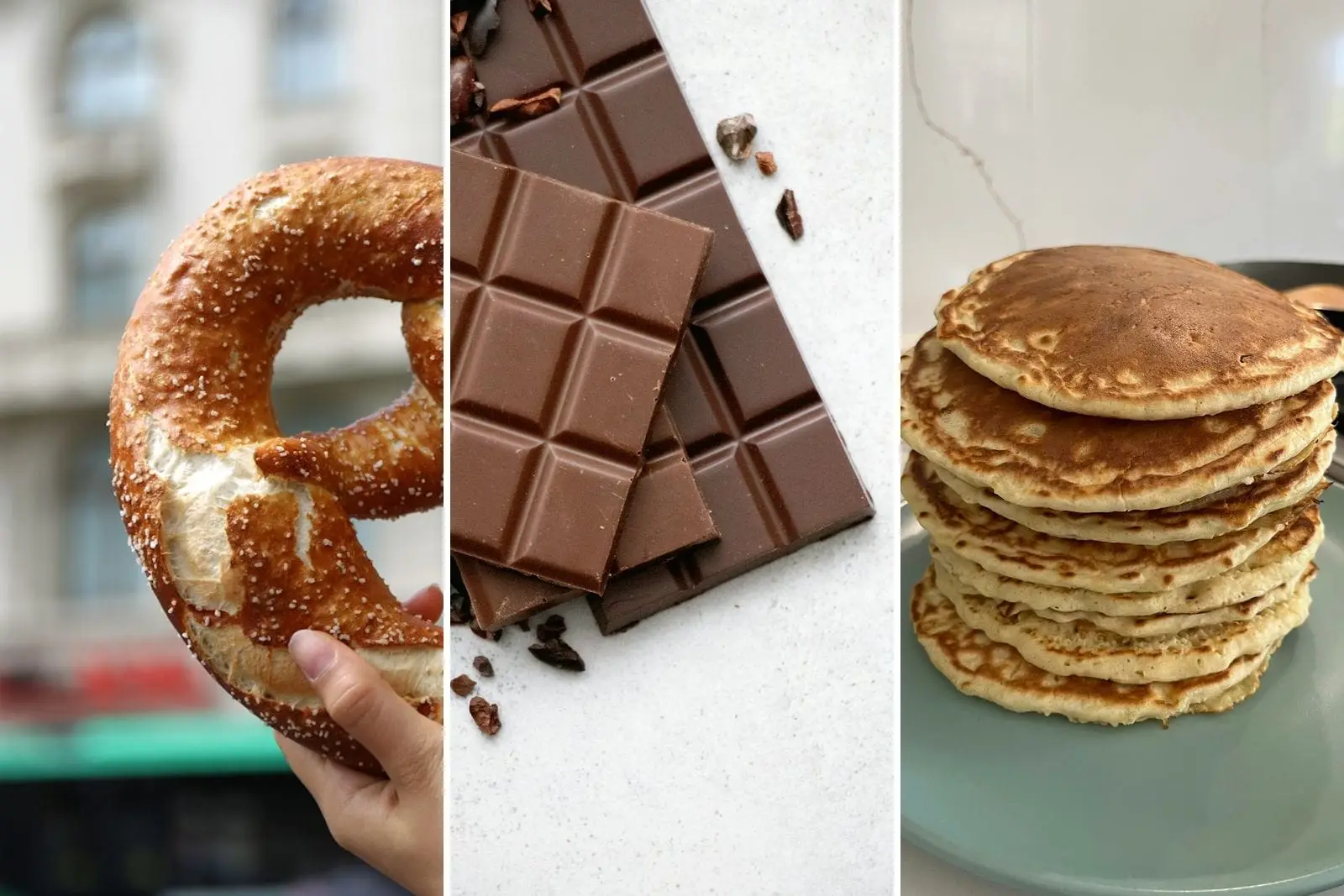 A soft pretzel, a bar of milk chocolate and a stack of pancakes