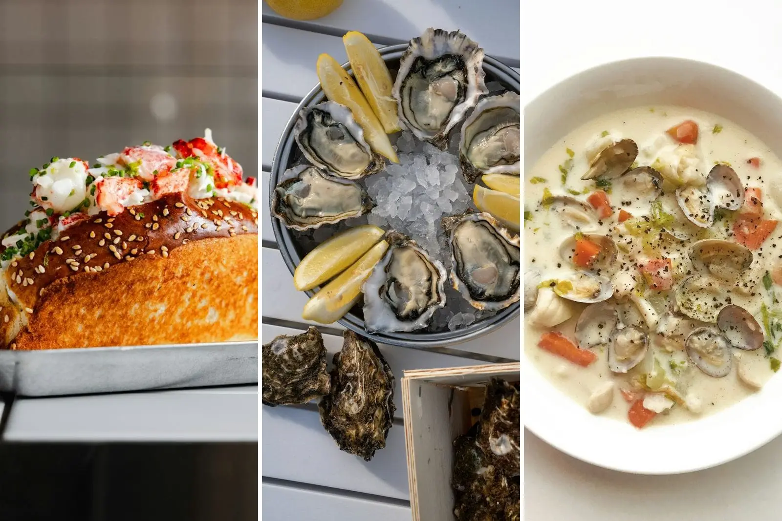 A lobster roll, oysters on ice and a bowl of clam chowder