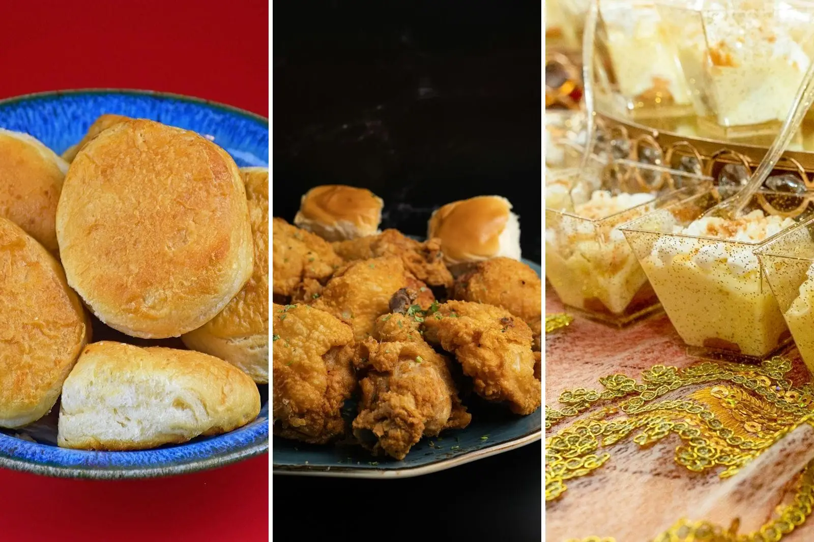 Biscuits, fried chicken and banana pudding