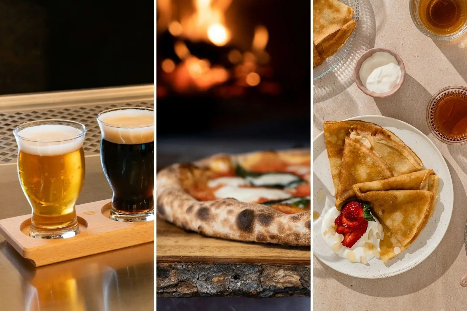 A flight of craft beers, a wood-fired pizza and a plate of crêpes with strawberries