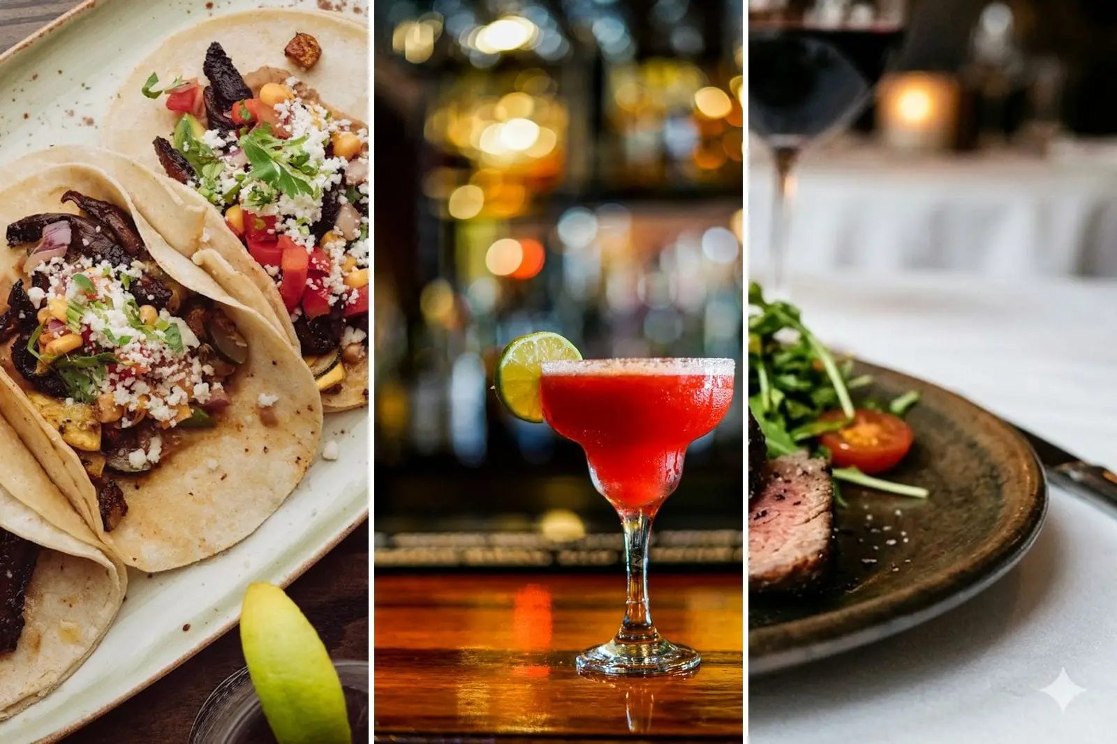 Tacos with beer, a margarita and steak frites