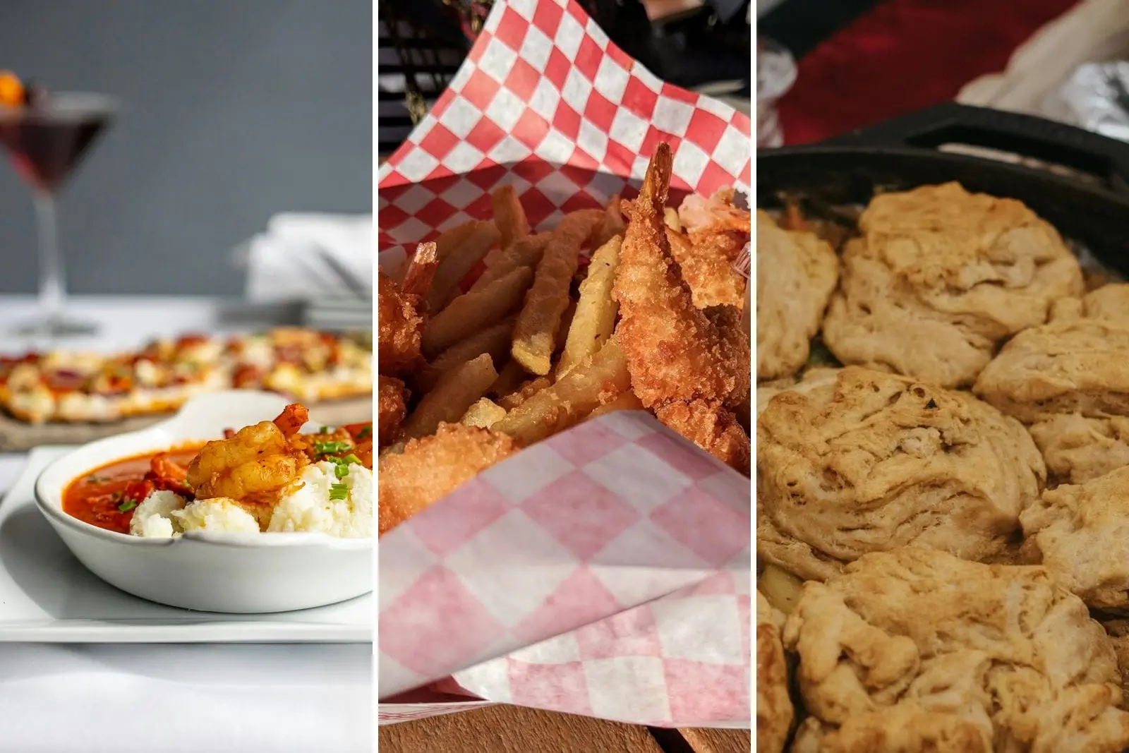 Shrimp and grits, a basket of fried shrimp and fries, and a skillet of biscuits