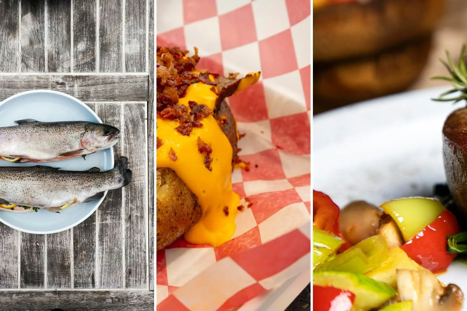 Trout, a loaded baked potato and steak