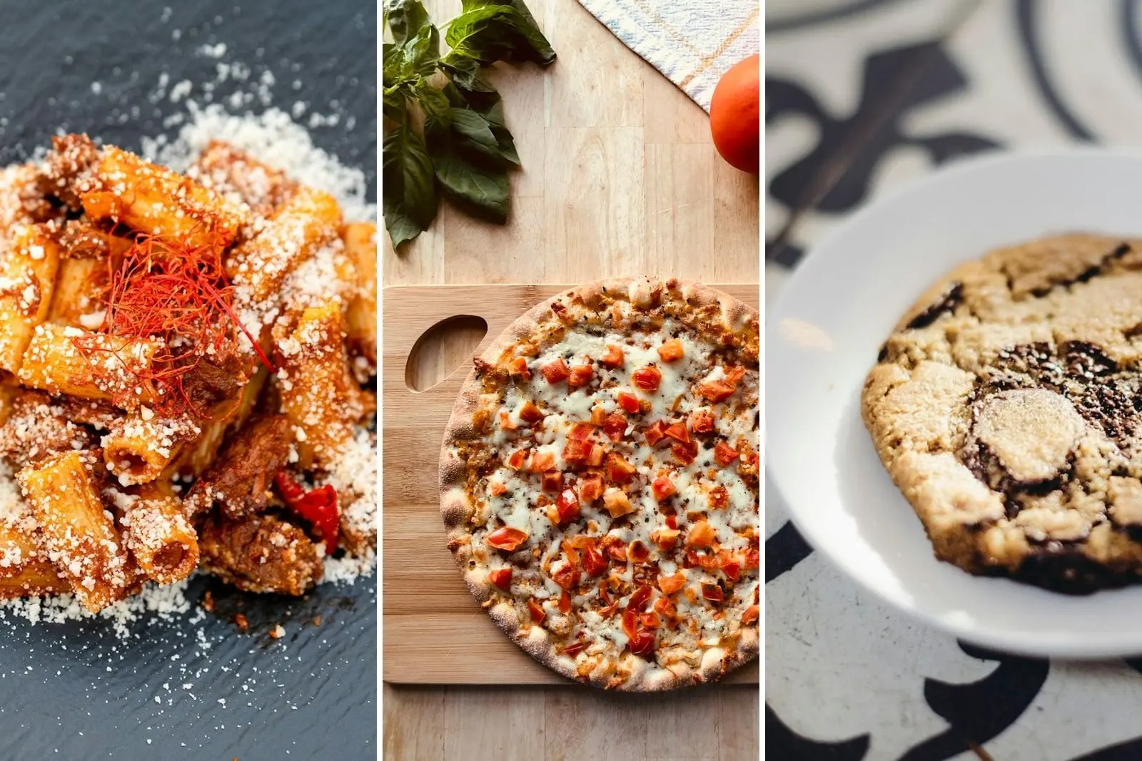 Rigatoni with meat sauce, pizza and a cookie