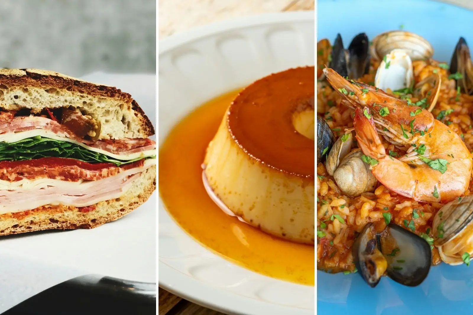 A pressed sandwich with ham and salami, a caramel flan and a seafood paella